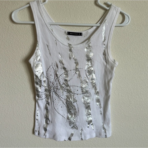 Nally & Millie Tops - Nally and Millie white and chrome rhinestone design tank top